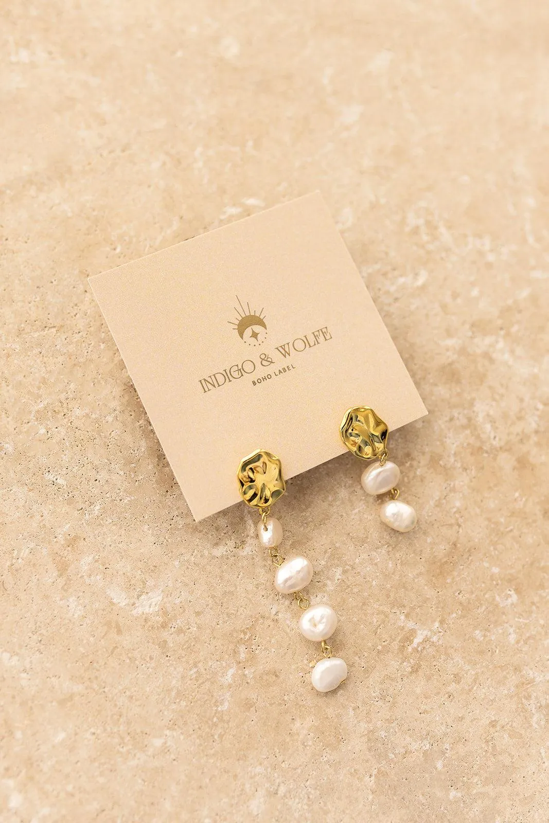 Indigo and Wolfe Amara Freshwater Pearl Yellow Gold Plated Asymetrical Drop Earrings - Image 3