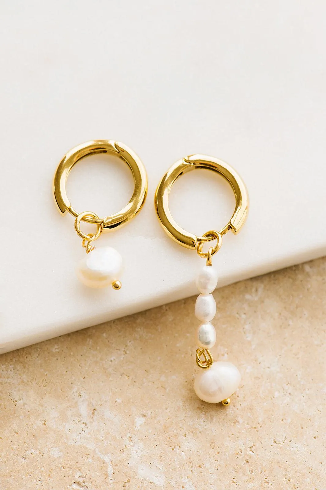 Indigo and Wolfe Aspen Pearl Asymmetrical Yellow Gold Plated Drop Earrings