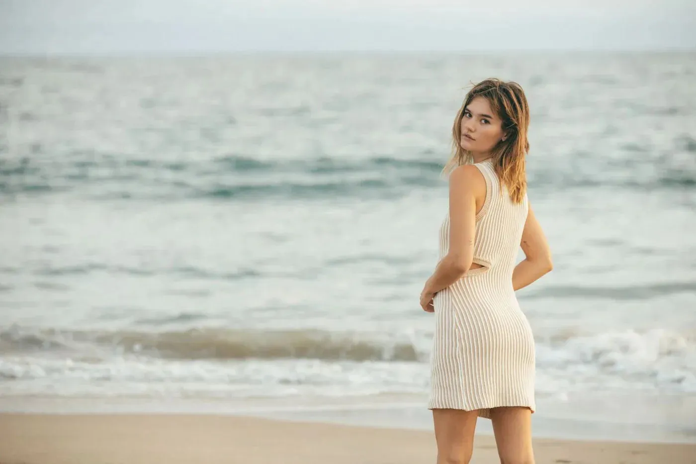 Rue Stiic Emily Mini Knit Dress in Off White Sand Stripe - Final Sale - Image 6
