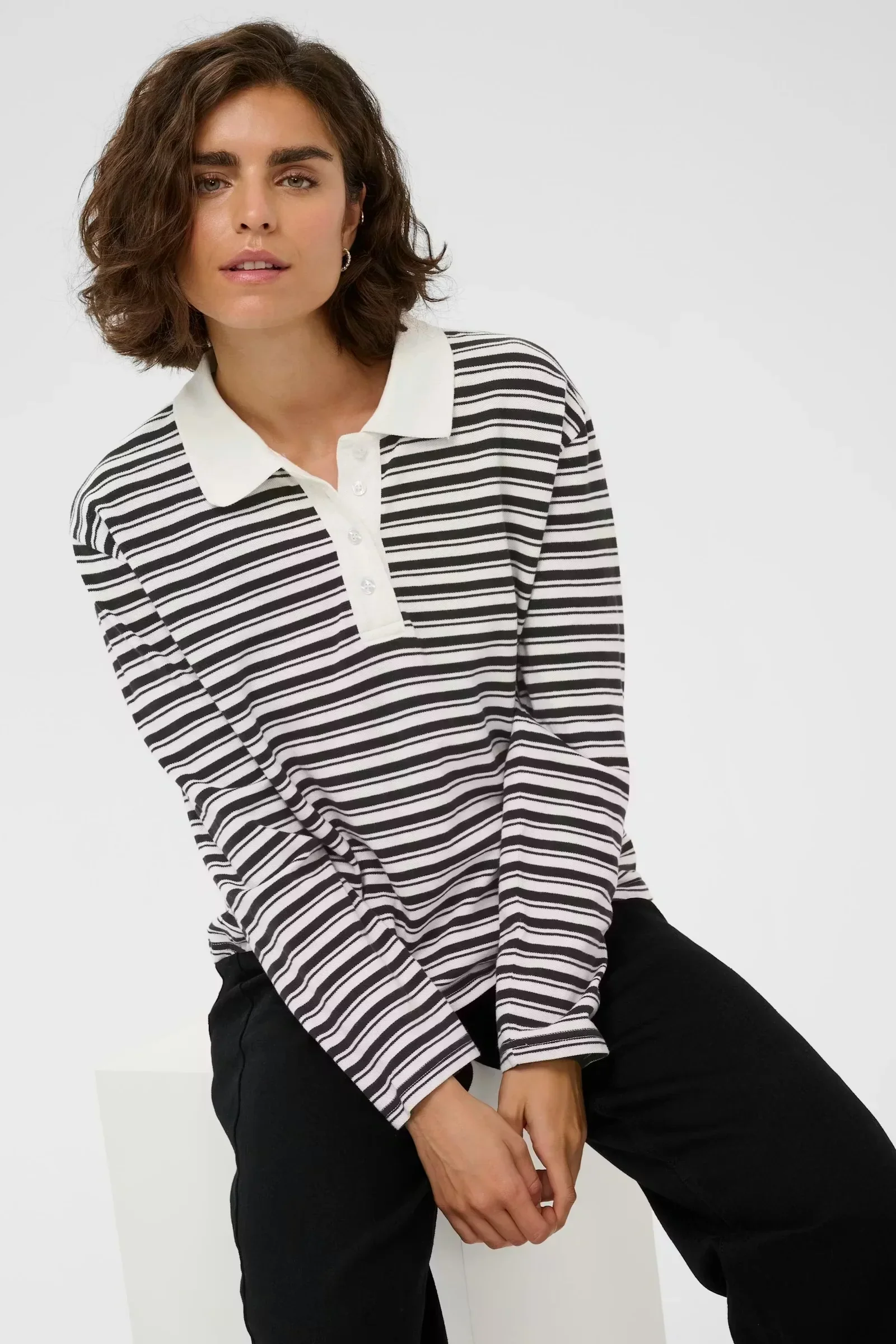 Kaffe KAmiala Polo L/S T-Shirt Black and White Stripe - Image 6