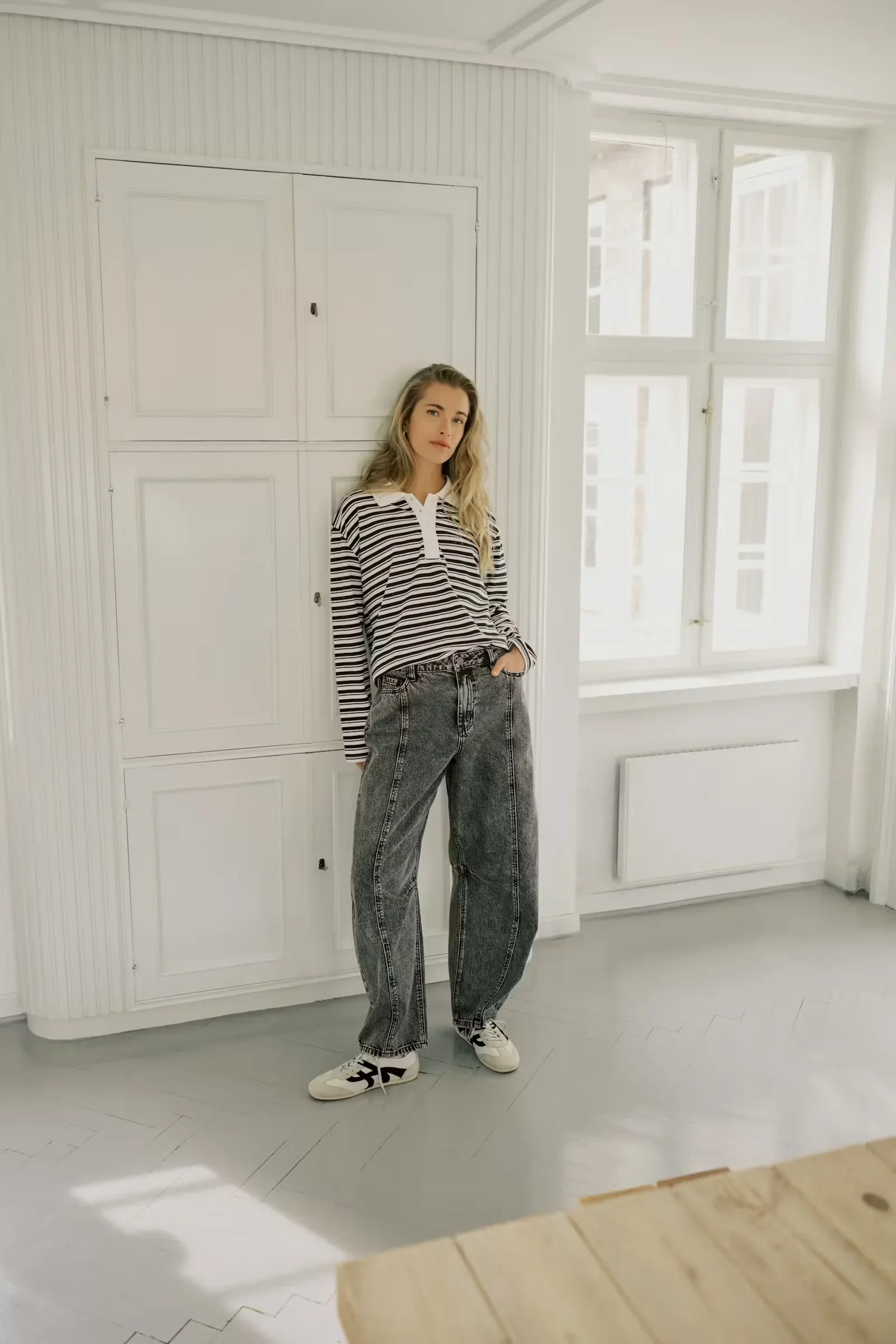 Kaffe KAmiala Polo L/S T-Shirt Black and White Stripe - Image 7