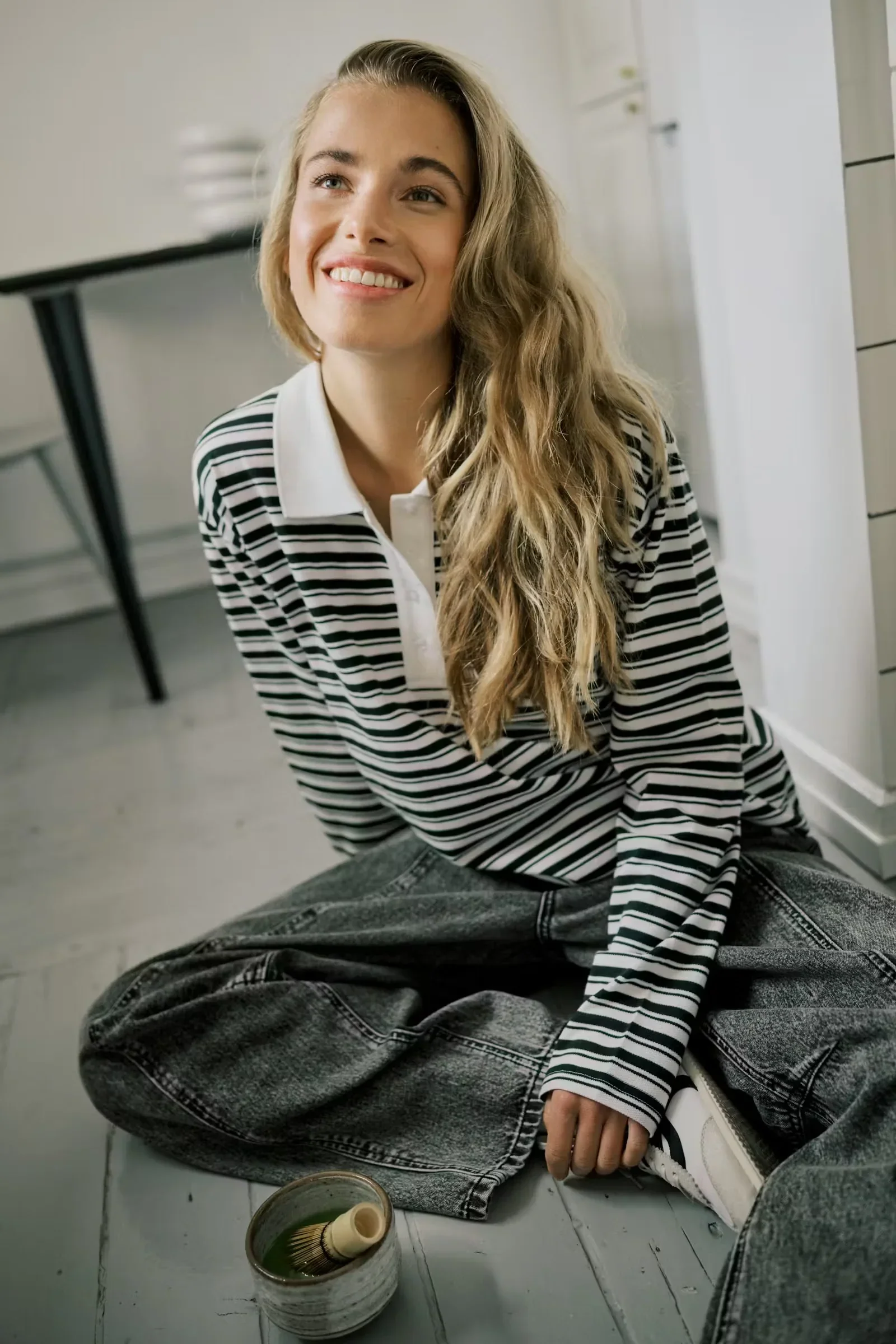 Kaffe KAmiala Polo L/S T-Shirt Black and White Stripe - Image 8