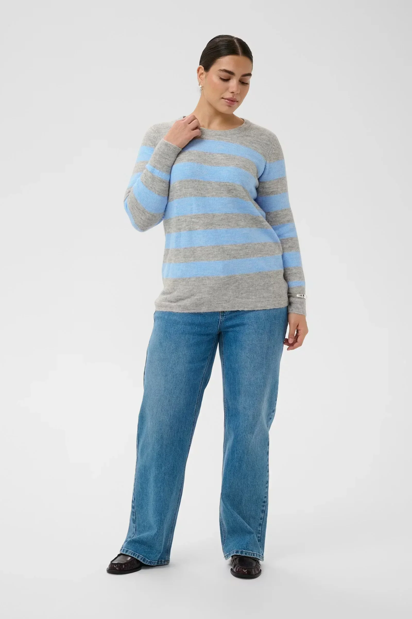 Kaffe KAniel Striped Pullover Light Grey / Blue Melange - Image 4