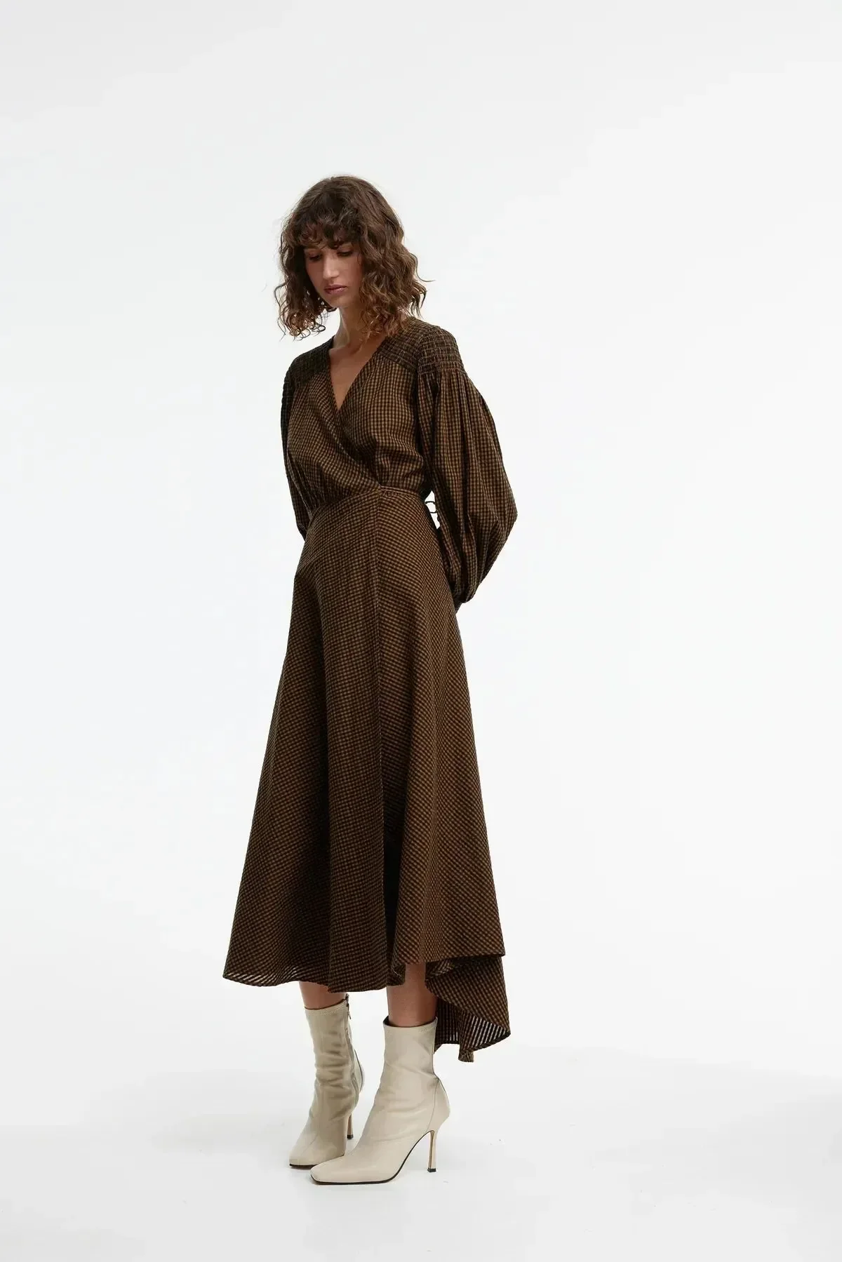 Kinney Arlo Wrap Dress in Chocolate Gingham - Image 3