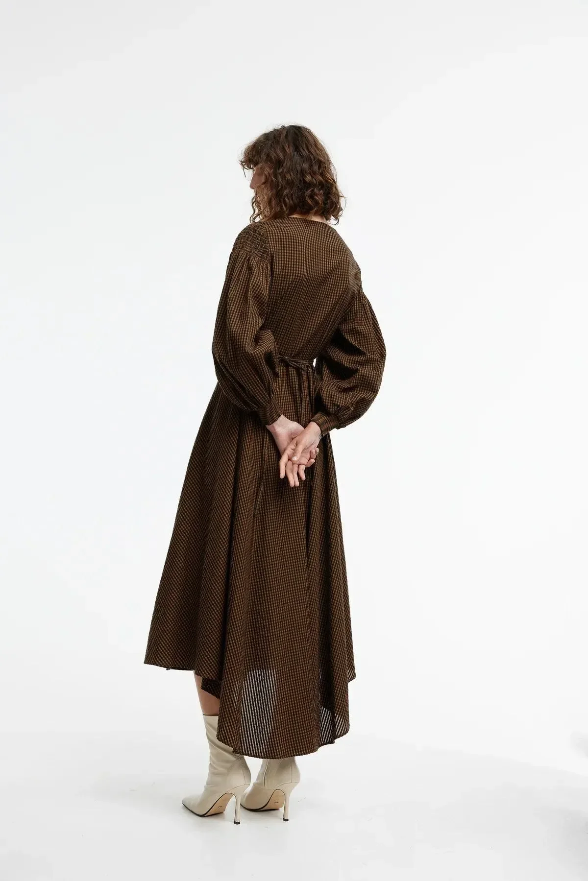 Kinney Arlo Wrap Dress in Chocolate Gingham - Image 4