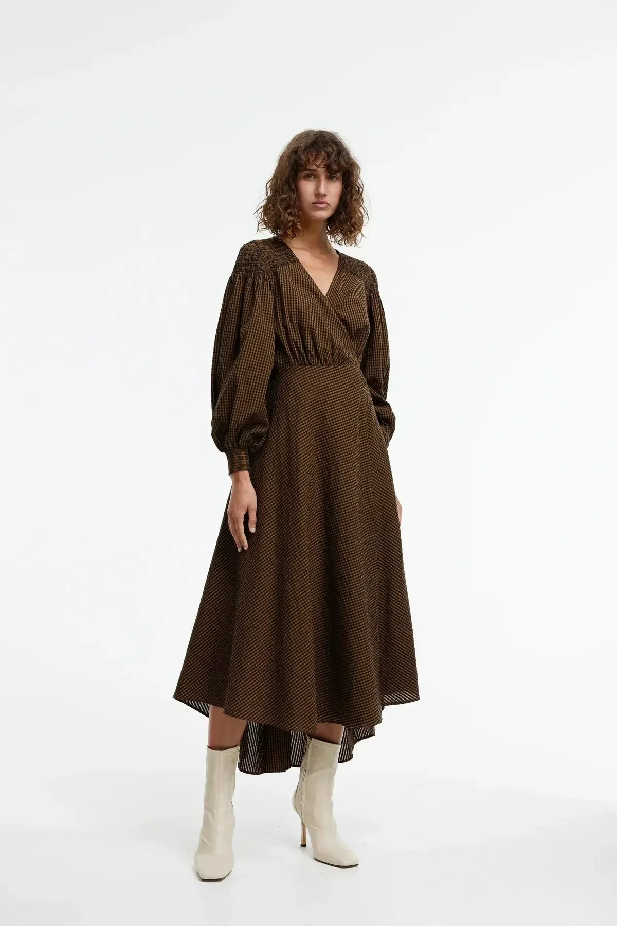 Kinney Arlo Wrap Dress in Chocolate Gingham - Image 5