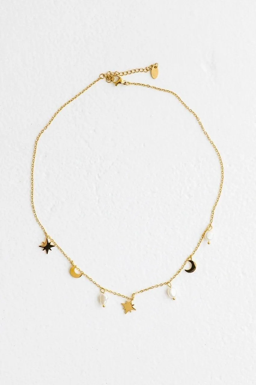 Moonstruck Necklace Star & Moon Charms 18kt Gold Plated Necklace