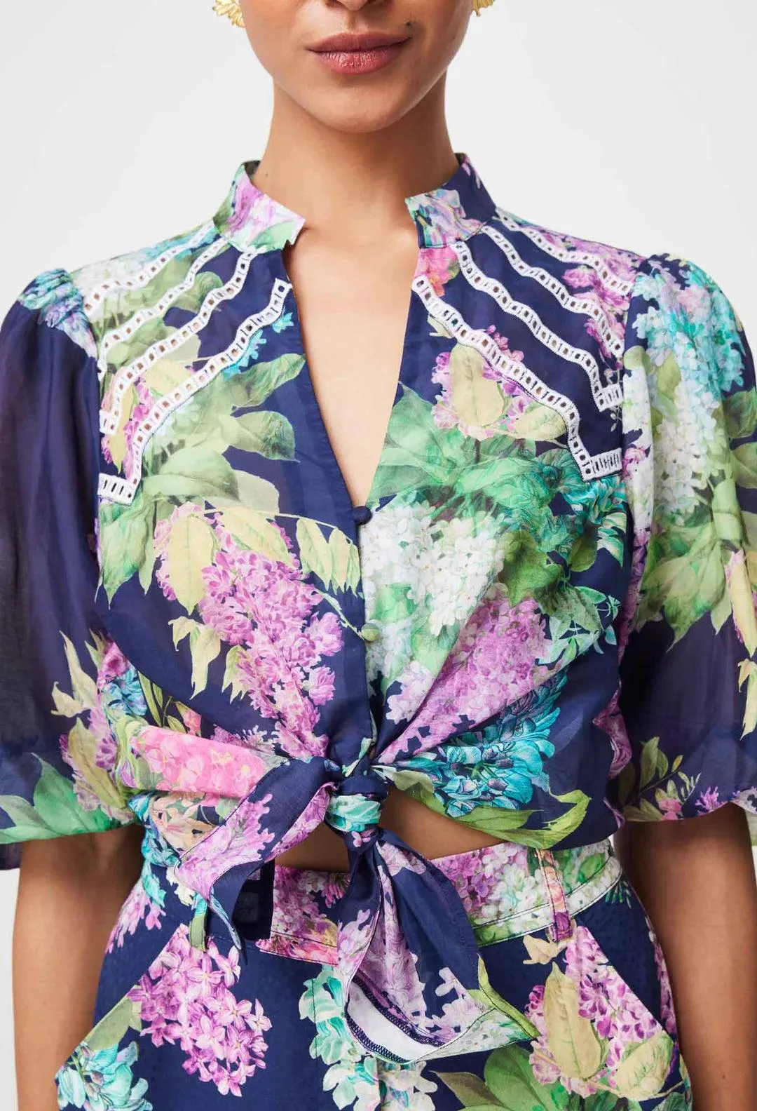 Oncewas Bahia Embroidered Yoke Cotton Silk Volume Sleeve Top - Image 3