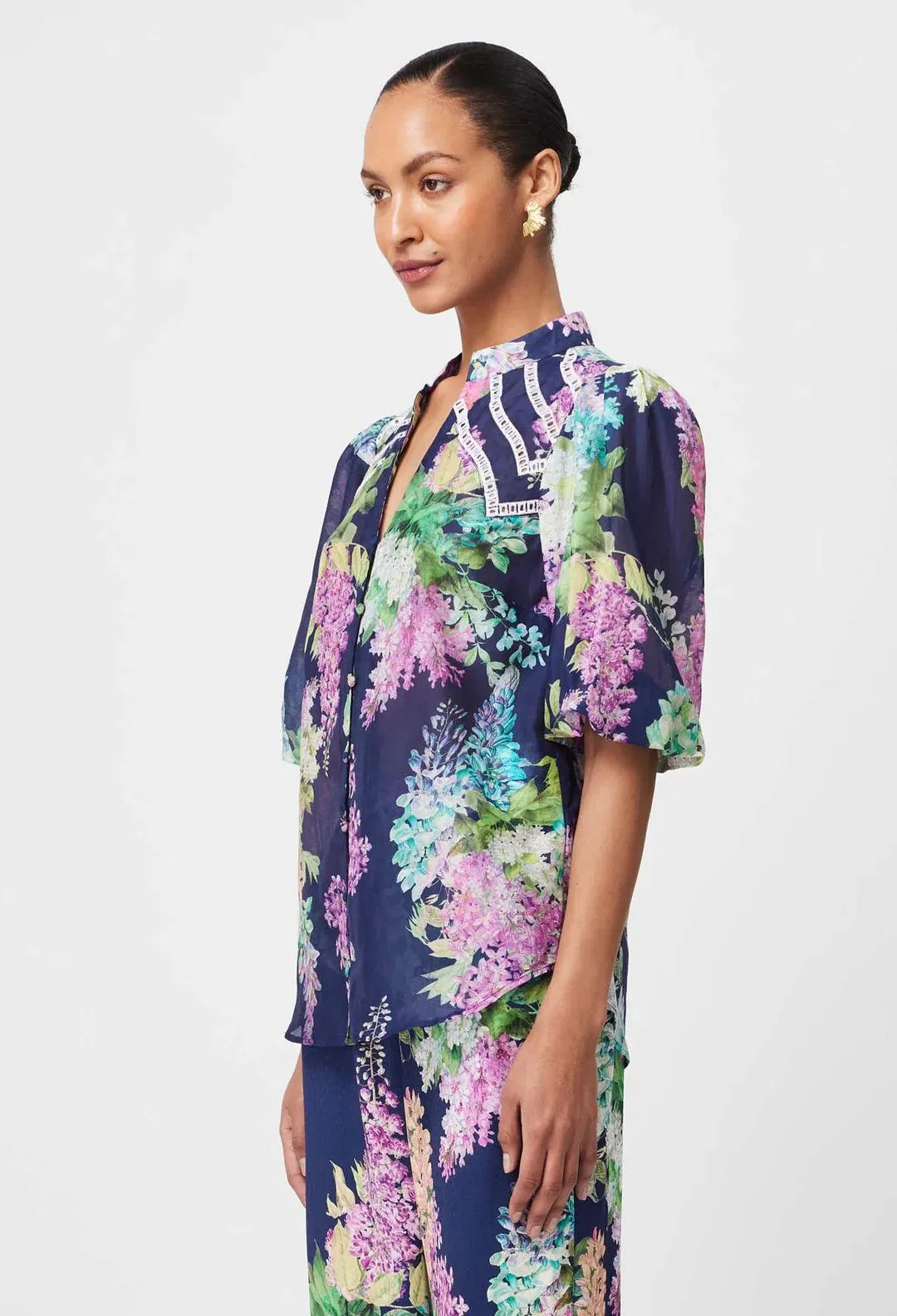 Oncewas Bahia Embroidered Yoke Cotton Silk Volume Sleeve Top - Image 4