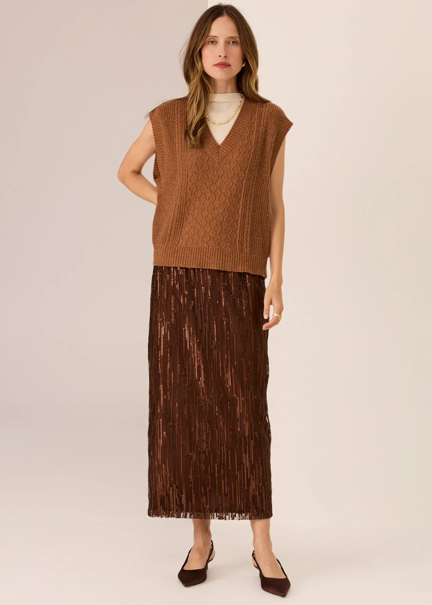 POL Loren Cable Vest Toffee - Image 2