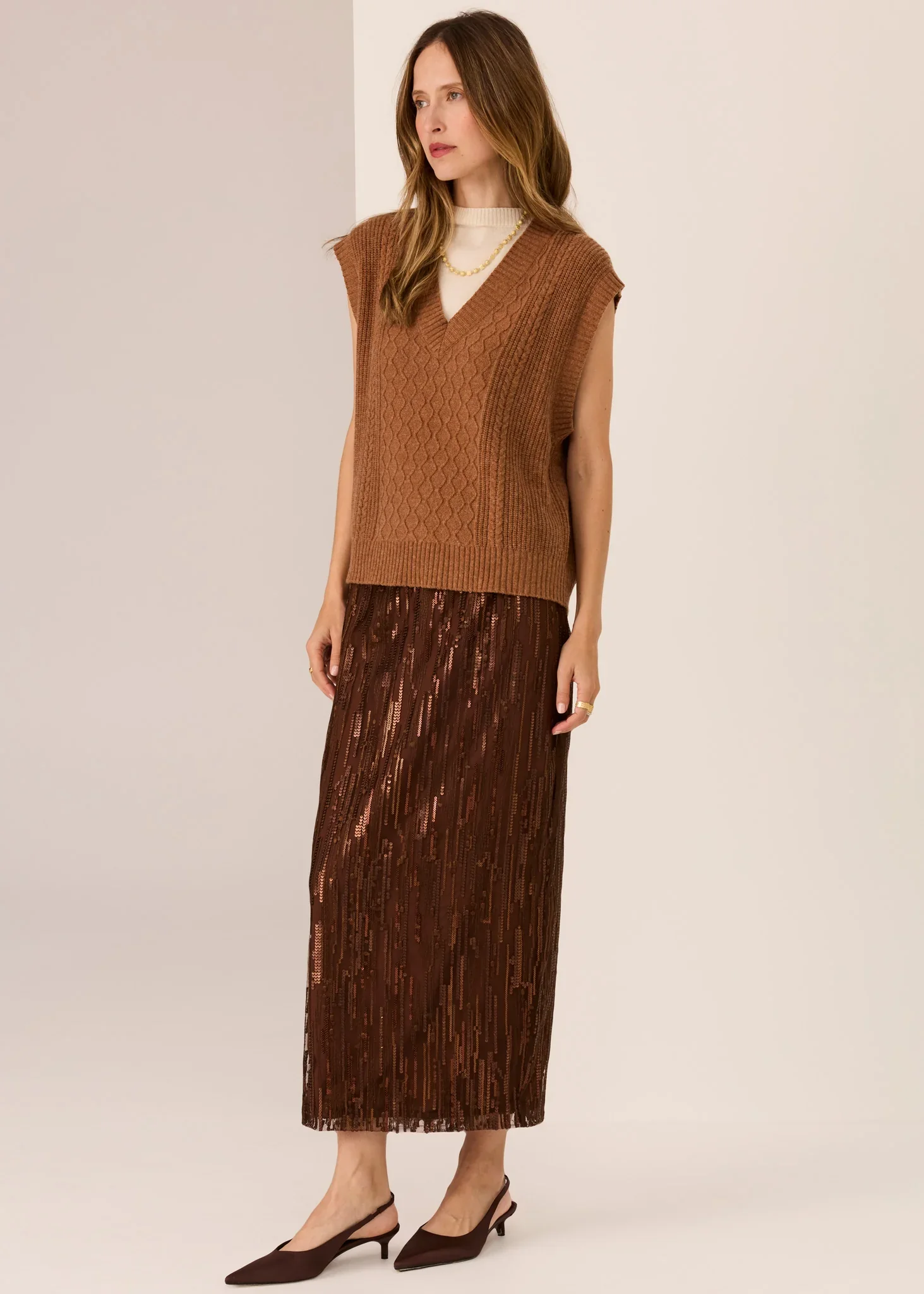 POL Loren Cable Vest Toffee - Image 3