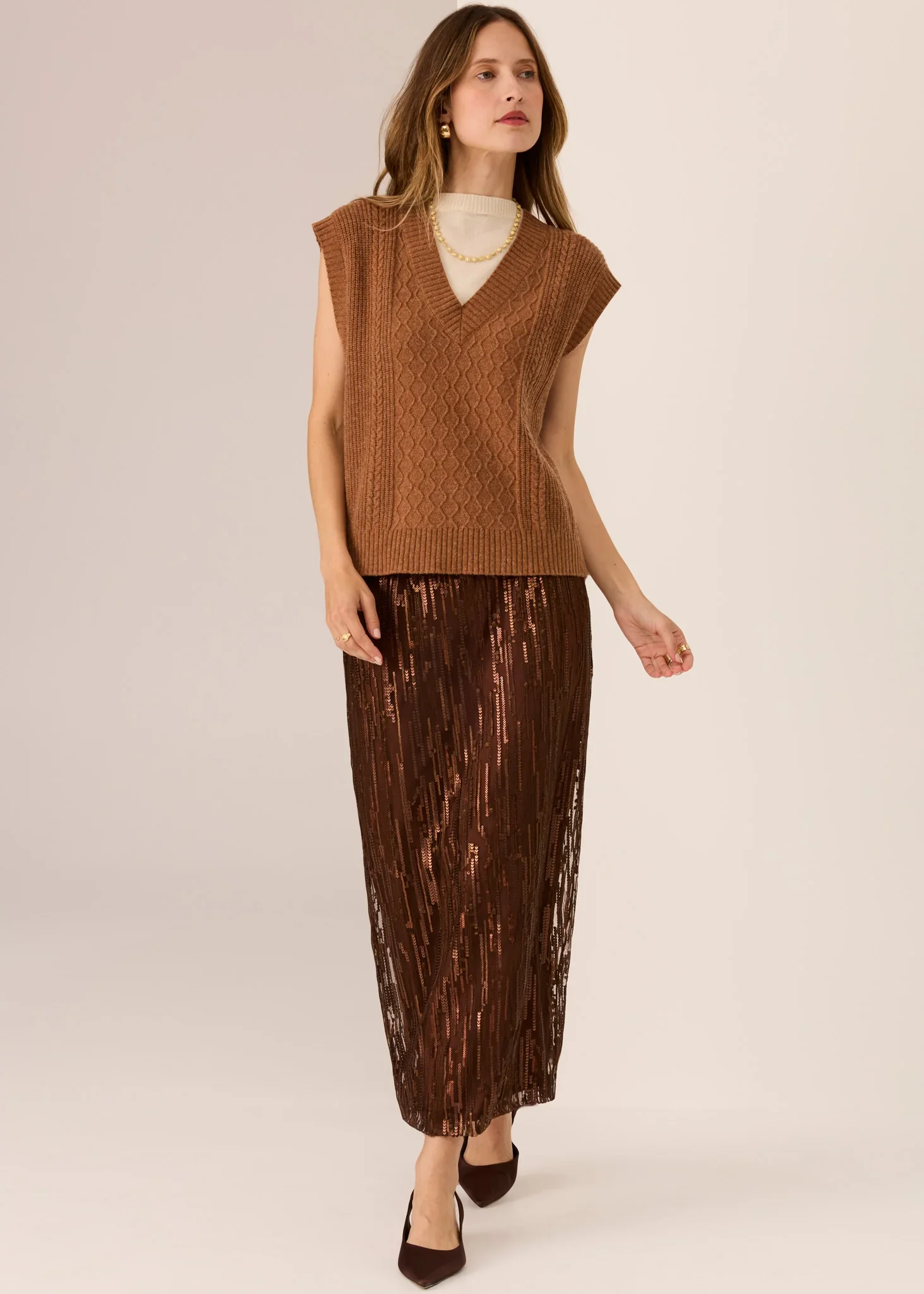 POL Loren Cable Vest Toffee - Image 5
