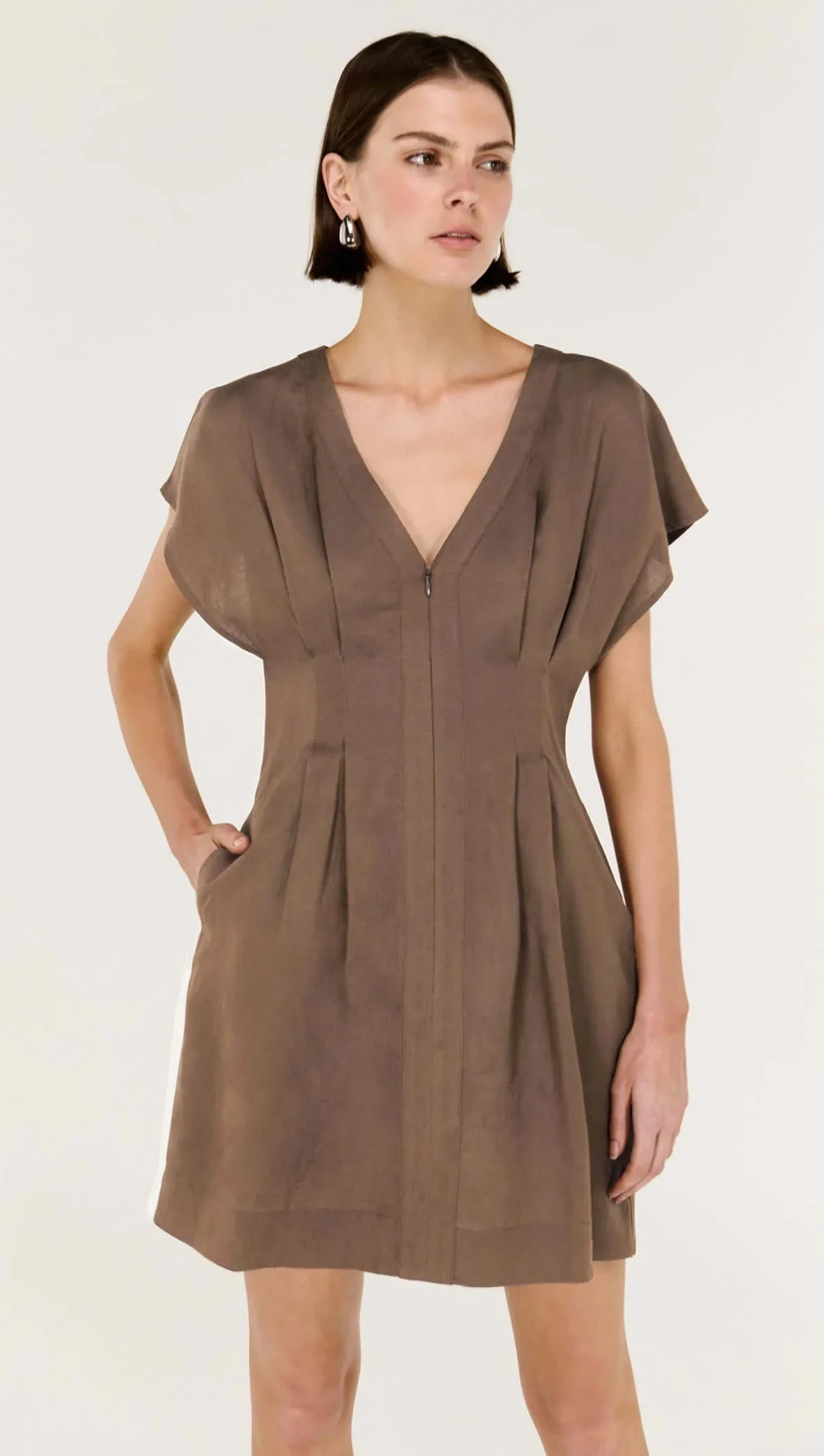 Staple the Label Evian Deep V Mini Dress in Brown - Image 2